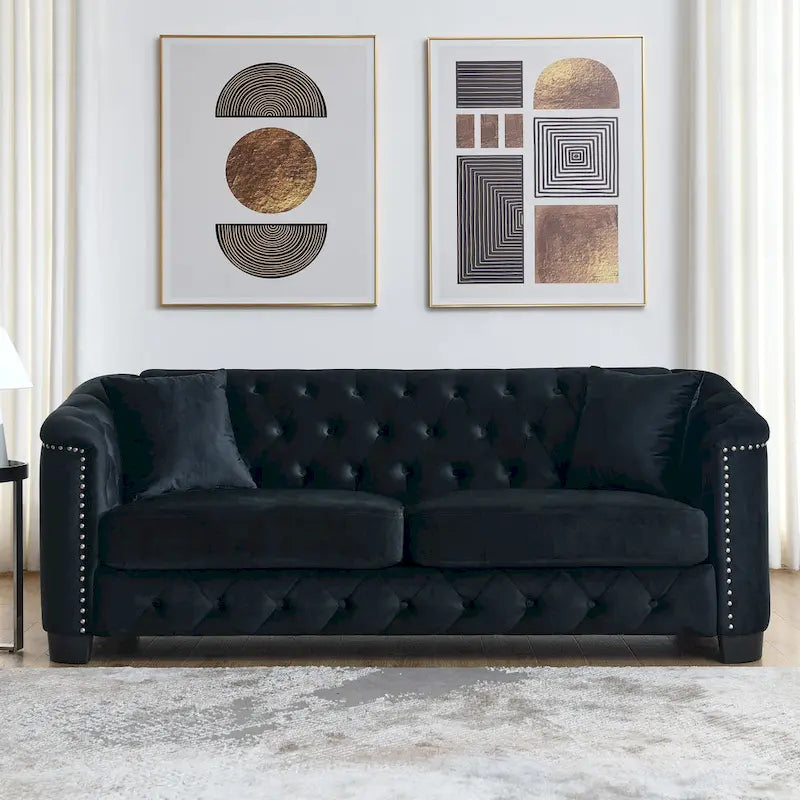 77  Chesterfield Velvet Button-tufted 3-Seater Sofa with Nailhead Decoration