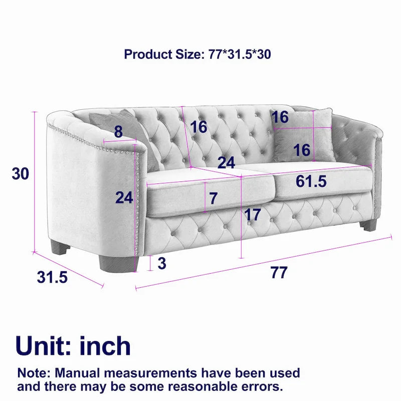 77  Chesterfield Velvet Button-tufted 3-Seater Sofa with Nailhead Decoration