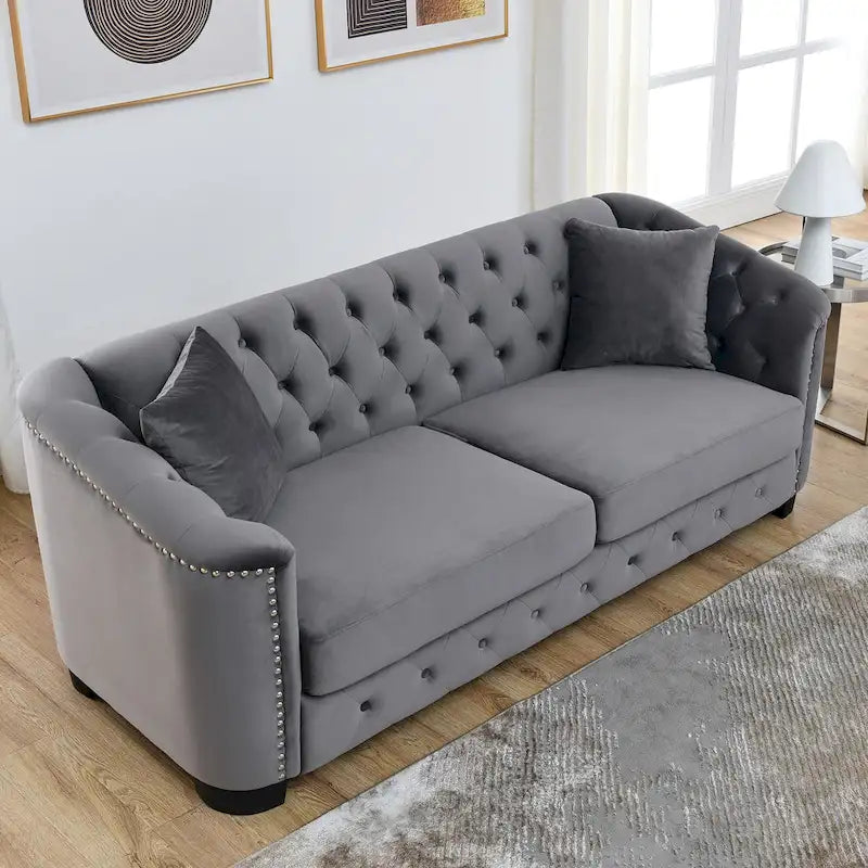 77  Chesterfield Velvet Button-tufted 3-Seater Sofa with Nailhead Decoration