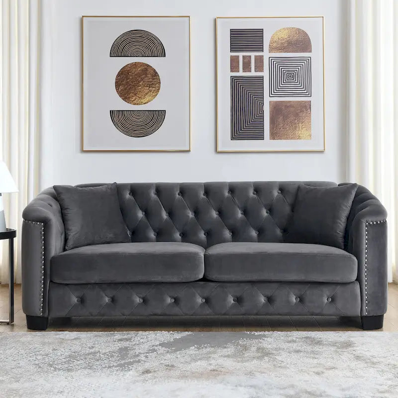 77  Chesterfield Velvet Button-tufted 3-Seater Sofa with Nailhead Decoration