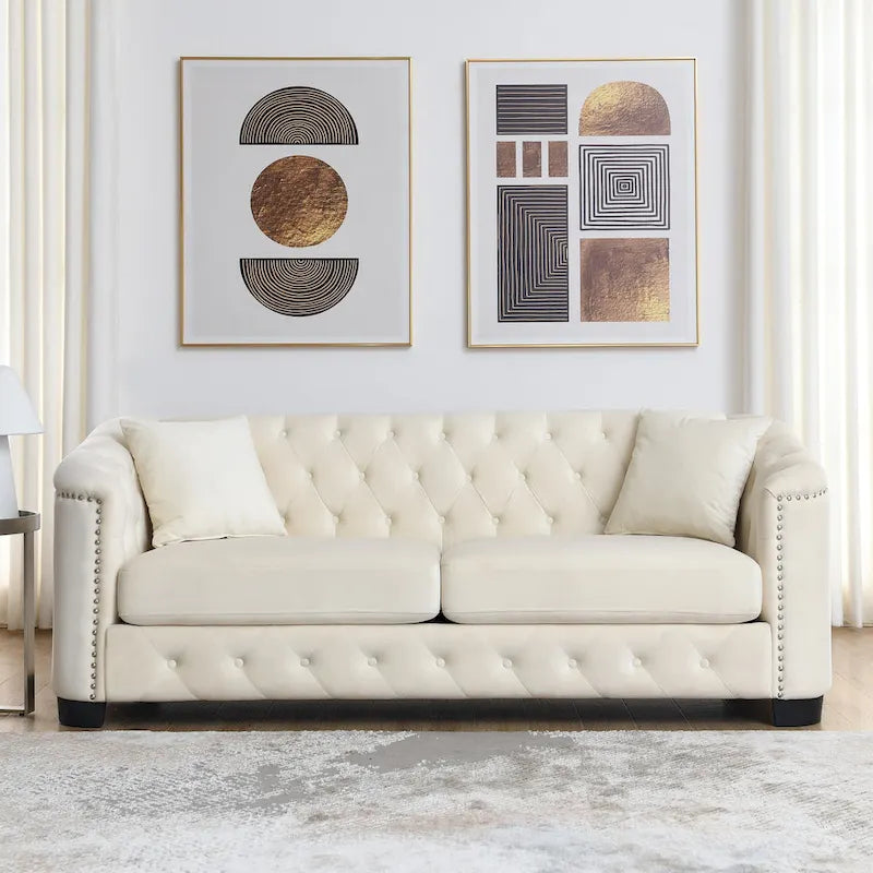 77  Chesterfield Velvet Button-tufted 3-Seater Sofa with Nailhead Decoration