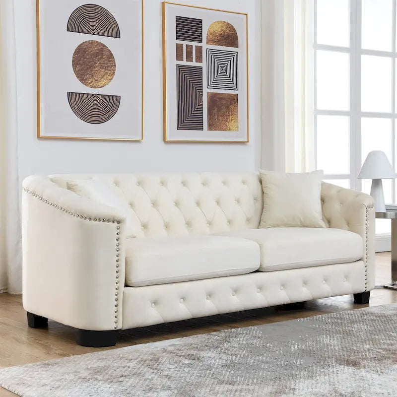 77  Chesterfield Velvet Button-tufted 3-Seater Sofa with Nailhead Decoration
