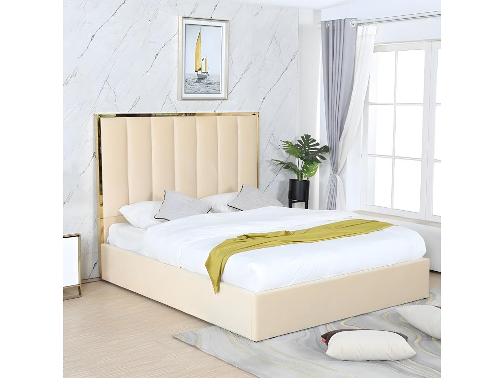 Beige Velvet Bed, 160 x 200 cm
