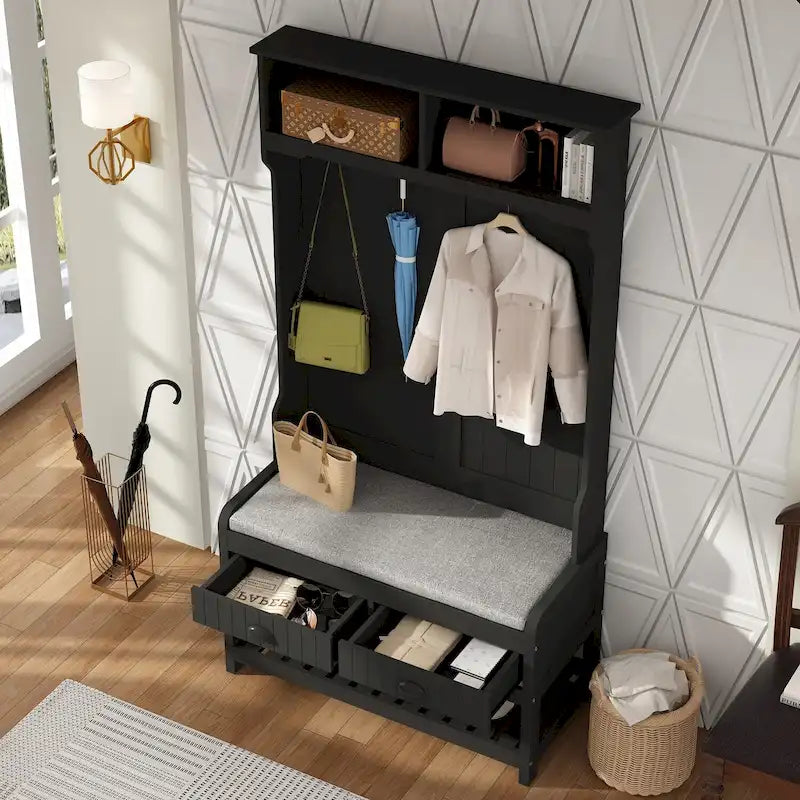 34.3  W 68.5 H Hall Tree with Bench and Shoe Storage With Cushion