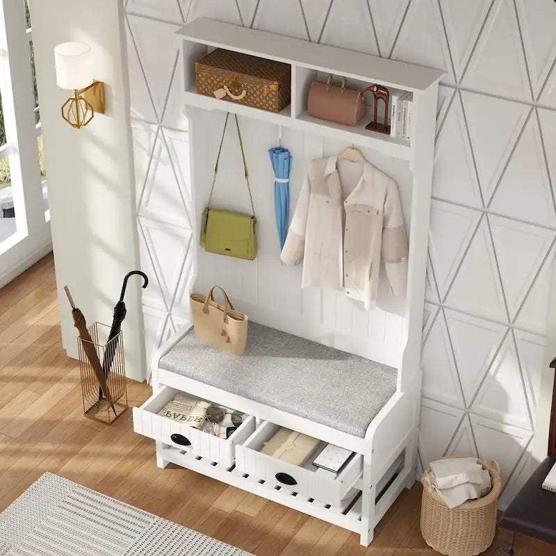 34.3  W 68.5 H Hall Tree with Bench and Shoe Storage With Cushion