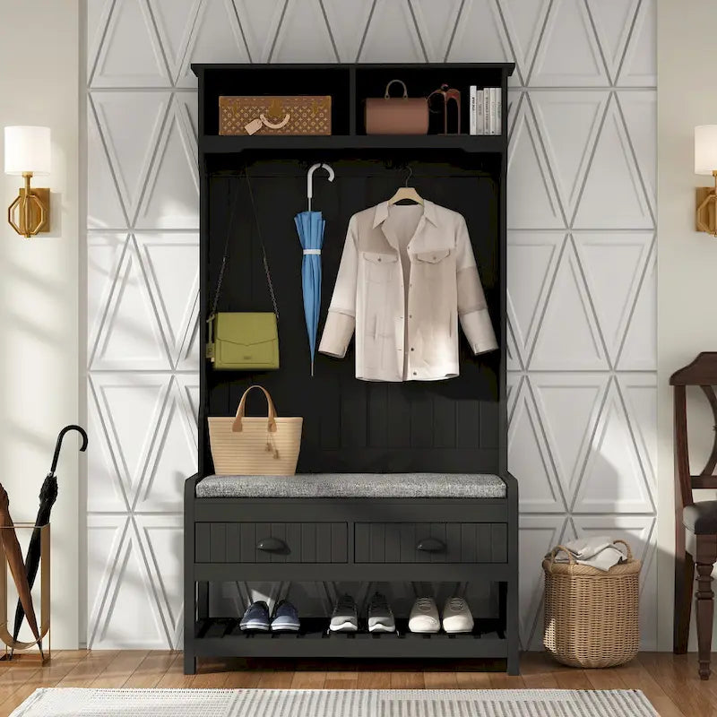 34.3  W 68.5 H Hall Tree with Bench and Shoe Storage With Cushion