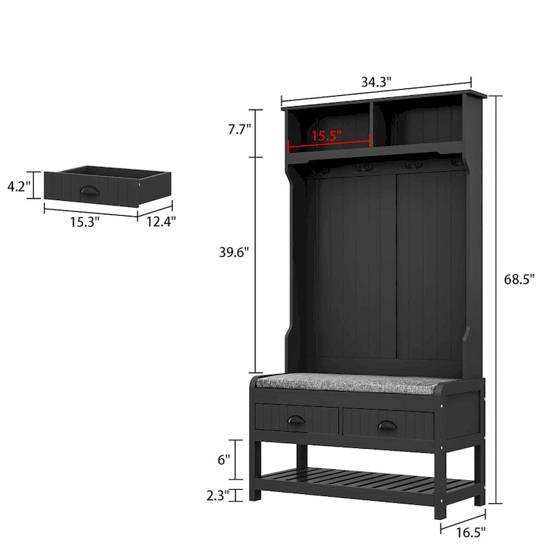 34.3  W 68.5 H Hall Tree with Bench and Shoe Storage With Cushion
