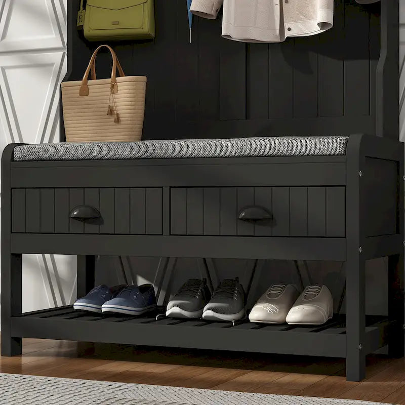 34.3  W 68.5 H Hall Tree with Bench and Shoe Storage With Cushion