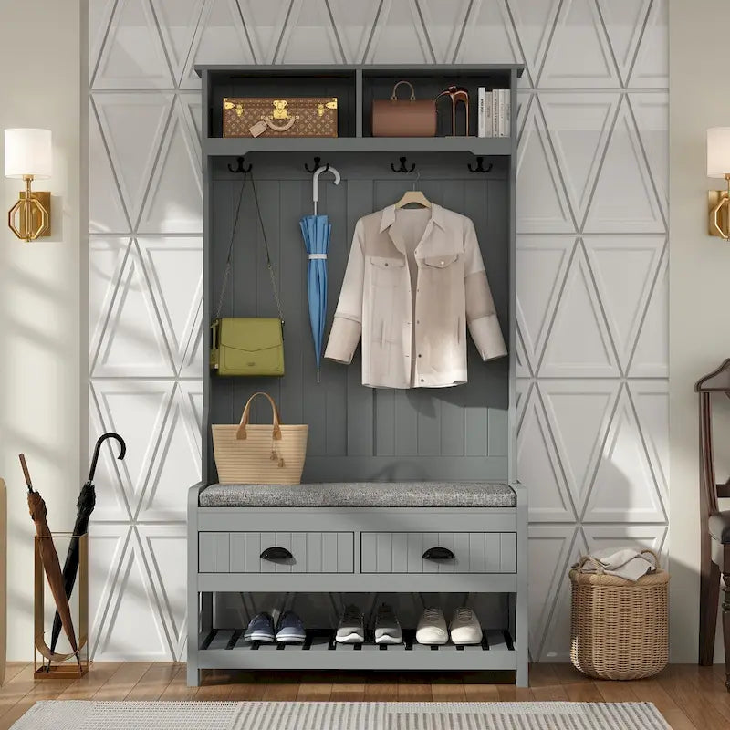 34.3  W 68.5 H Hall Tree with Bench and Shoe Storage With Cushion