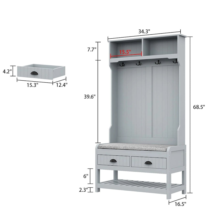 34.3  W 68.5 H Hall Tree with Bench and Shoe Storage With Cushion