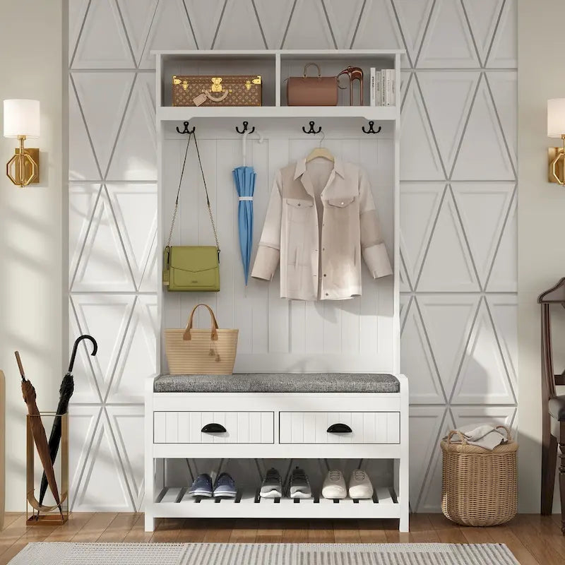 34.3  W 68.5 H Hall Tree with Bench and Shoe Storage With Cushion