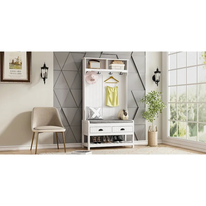 34.3  W 68.5 H Hall Tree with Bench and Shoe Storage With Cushion