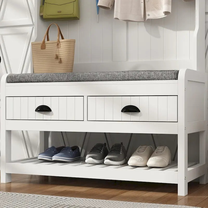 34.3  W 68.5 H Hall Tree with Bench and Shoe Storage With Cushion