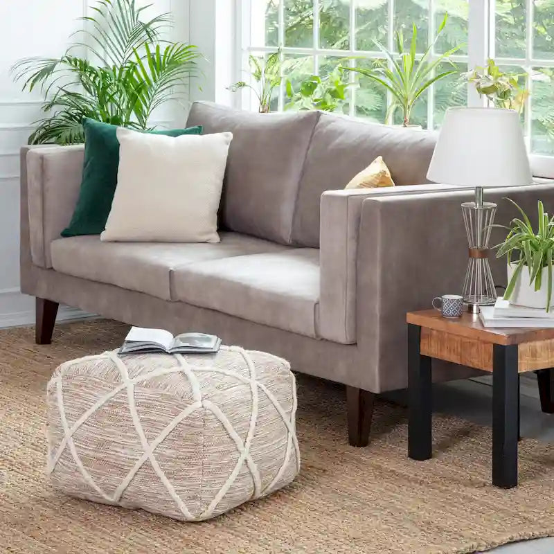Jani Kirkwood Lake 22-inch Blue Pouf Ottoman - Handmade Footrest for Living Room, Bedroom, Nursery, Kidsroom