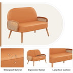 Loveseat Sofa Small Couch for Living Room, Faux Leather Mini Couch Love Seat with Natural Rattan Armrest and Solid Wooden Legs