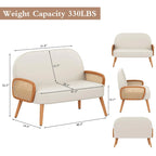 Loveseat Sofa Small Couch for Living Room, Faux Leather Mini Couch Love Seat with Natural Rattan Armrest and Solid Wooden Legs