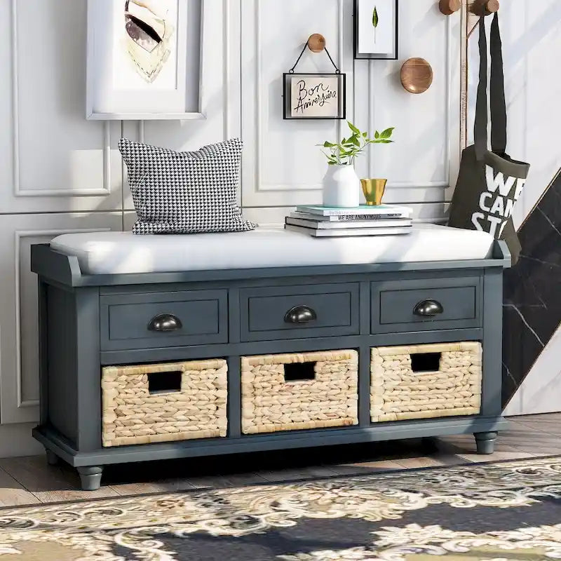 Storage Bench with Drawers and Rattan Baskets Entryway Shoe Bench