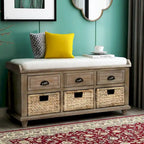 Storage Bench with Drawers and Rattan Baskets Entryway Shoe Bench