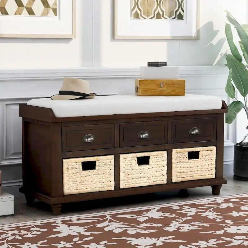 Storage Bench with Drawers and Rattan Baskets Entryway Shoe Bench