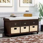 Storage Bench with Drawers and Rattan Baskets Entryway Shoe Bench