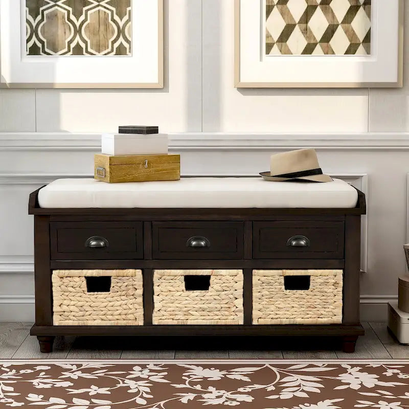 Storage Bench with Drawers and Rattan Baskets Entryway Shoe Bench