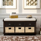 Storage Bench with Drawers and Rattan Baskets Entryway Shoe Bench