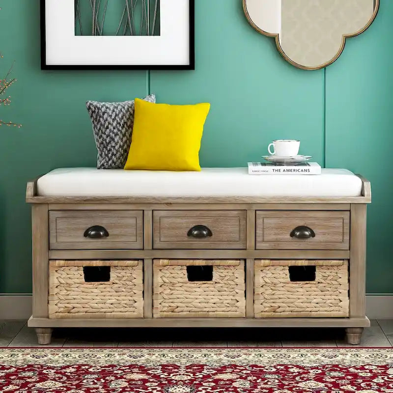 Storage Bench with Drawers and Rattan Baskets Entryway Shoe Bench