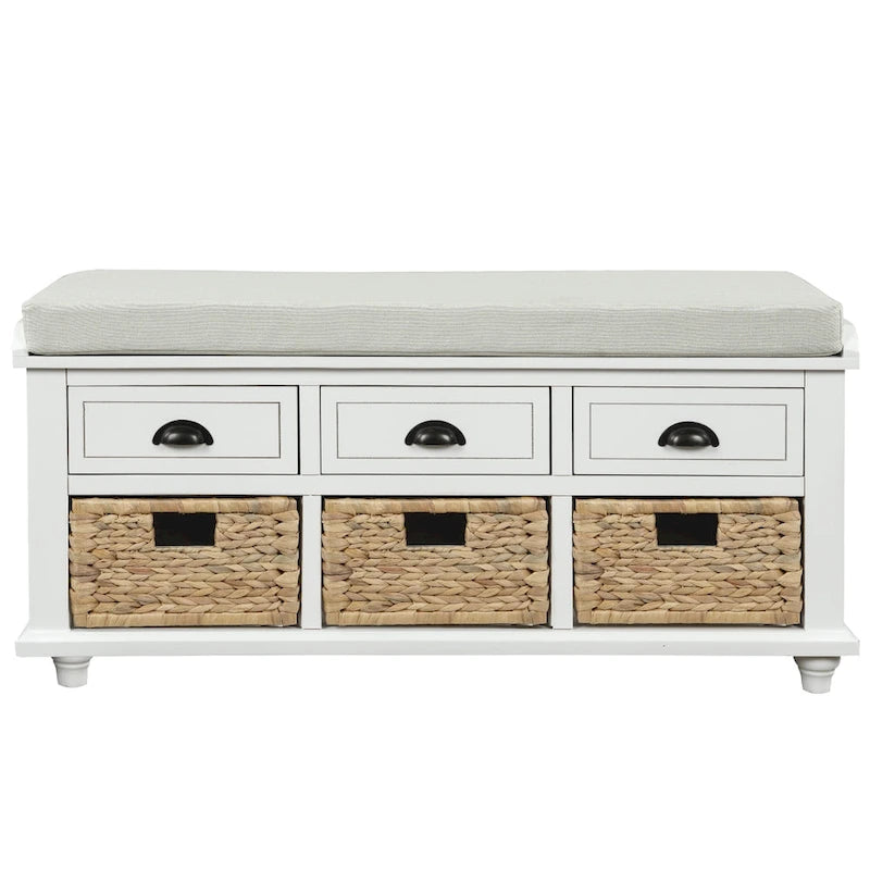 Storage Bench with Drawers and Rattan Baskets Entryway Shoe Bench