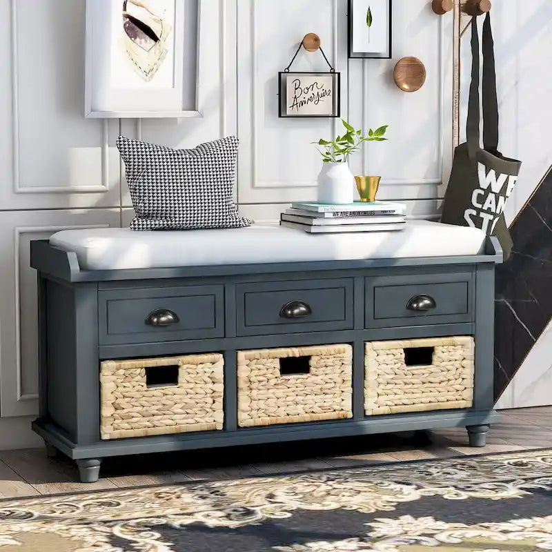Storage Bench with Drawers and Rattan Baskets Entryway Shoe Bench