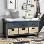 Storage Bench with Drawers and Rattan Baskets Entryway Shoe Bench
