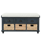 Storage Bench with Drawers and Rattan Baskets Entryway Shoe Bench
