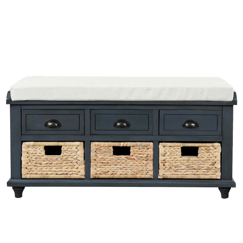 Storage Bench with Drawers and Rattan Baskets Entryway Shoe Bench