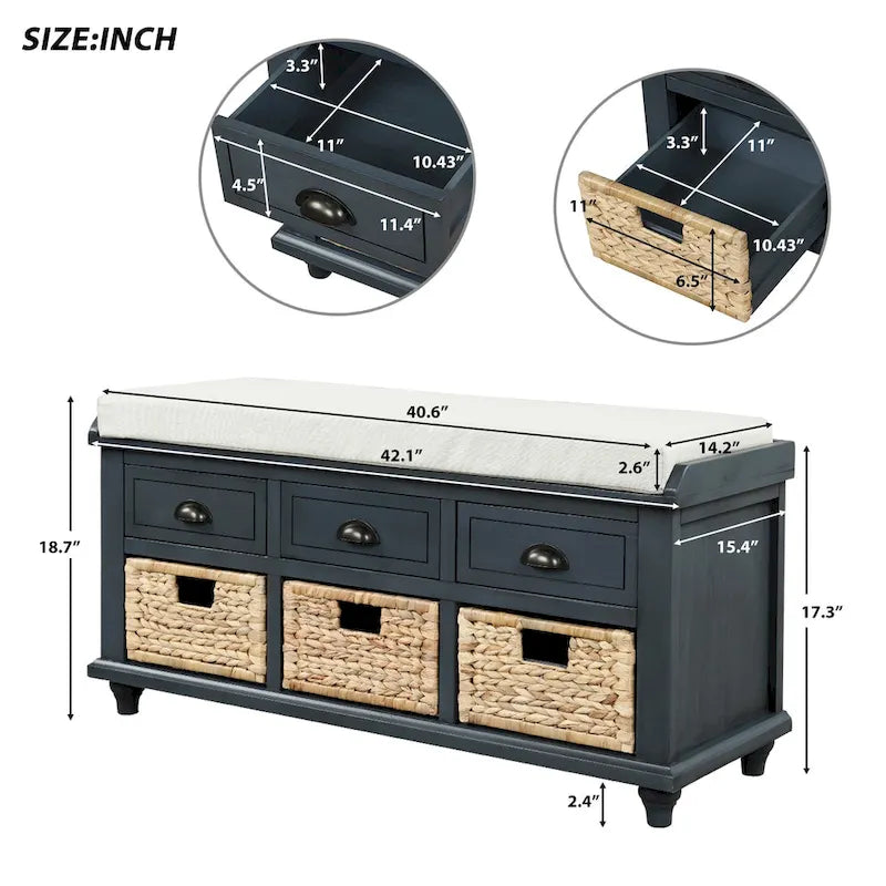 Storage Bench with Drawers and Rattan Baskets Entryway Shoe Bench