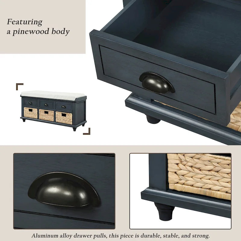 Storage Bench with Drawers and Rattan Baskets Entryway Shoe Bench