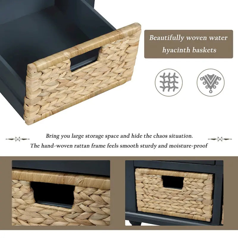 Storage Bench with Drawers and Rattan Baskets Entryway Shoe Bench
