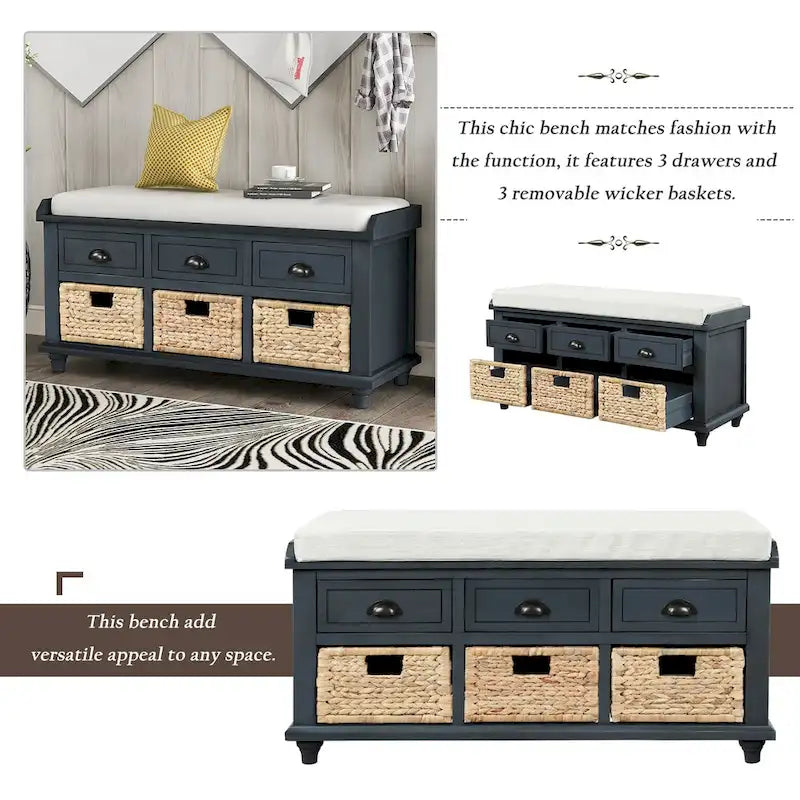 Storage Bench with Drawers and Rattan Baskets Entryway Shoe Bench