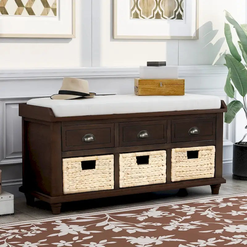 Storage Bench with Drawers and Rattan Baskets Entryway Shoe Bench