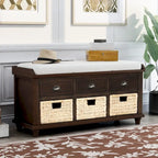 Storage Bench with Drawers and Rattan Baskets Entryway Shoe Bench