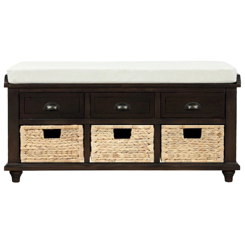 Storage Bench with Drawers and Rattan Baskets Entryway Shoe Bench