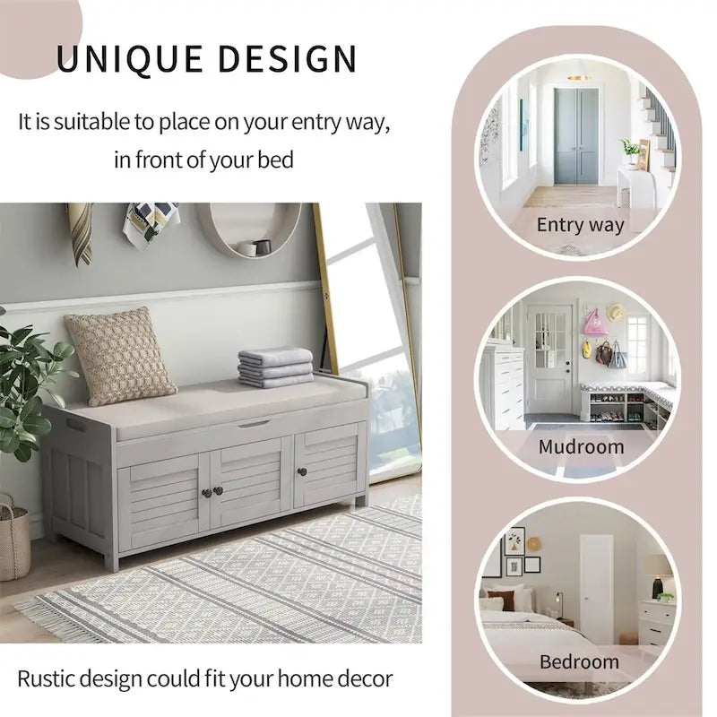 Merax 3 Shutter-shaped Doors Storage Bench with Removable Cushion