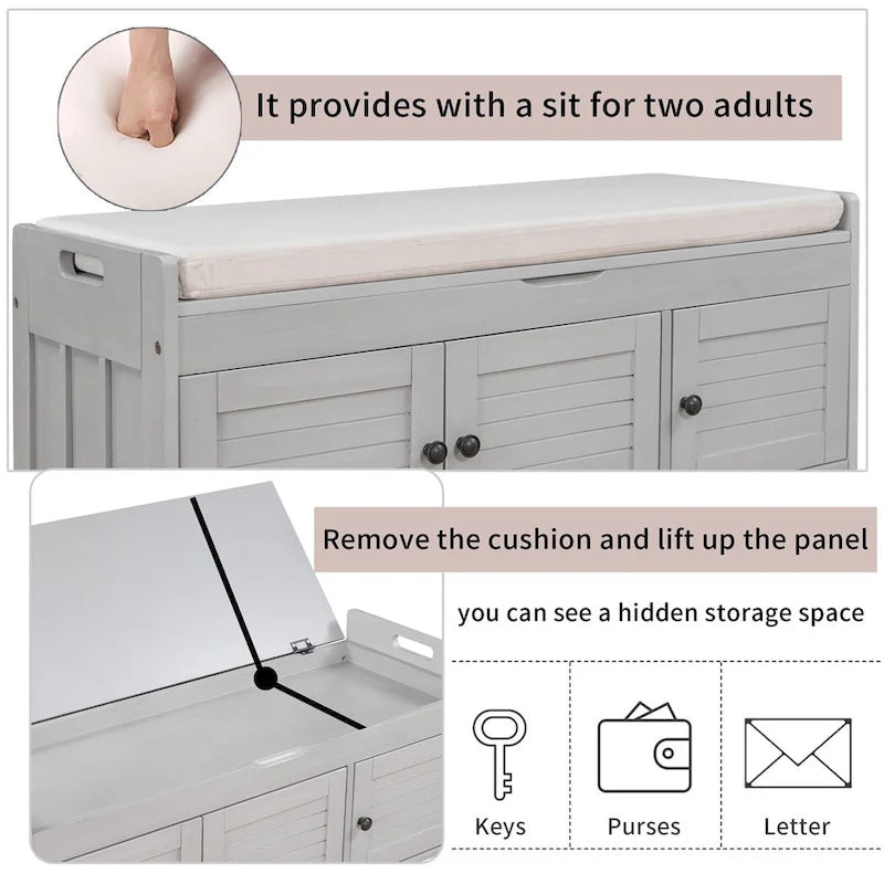 Merax 3 Shutter-shaped Doors Storage Bench with Removable Cushion