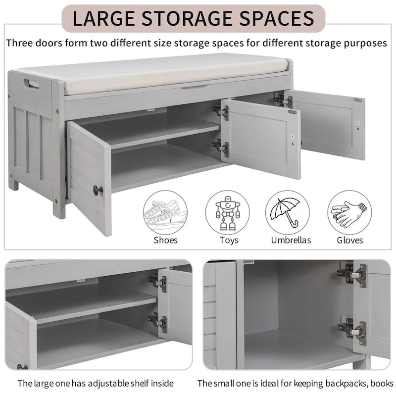 Merax 3 Shutter-shaped Doors Storage Bench with Removable Cushion