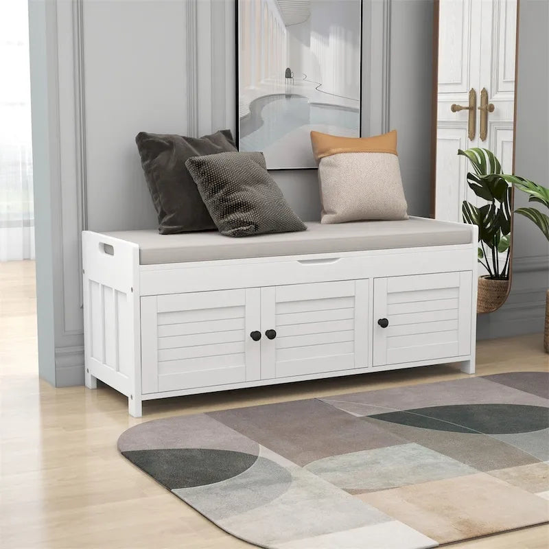 Merax 3 Shutter-shaped Doors Storage Bench with Removable Cushion