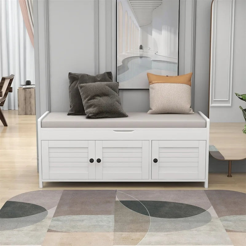 Merax 3 Shutter-shaped Doors Storage Bench with Removable Cushion