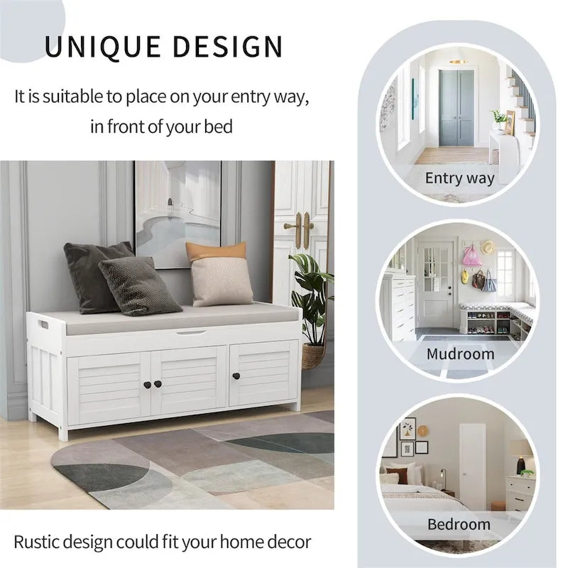 Merax 3 Shutter-shaped Doors Storage Bench with Removable Cushion