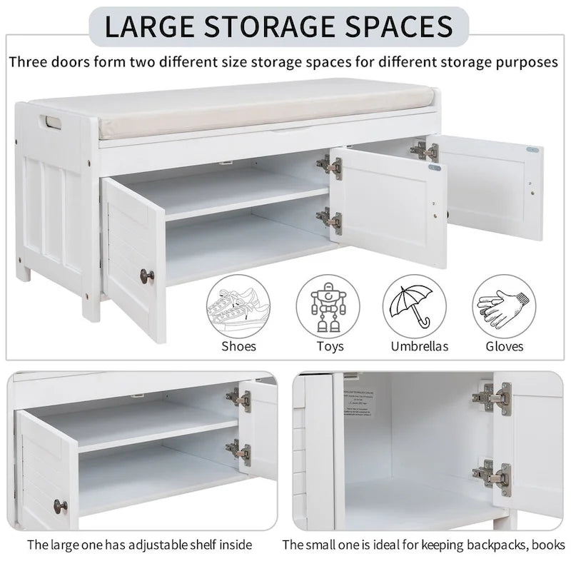 Merax 3 Shutter-shaped Doors Storage Bench with Removable Cushion