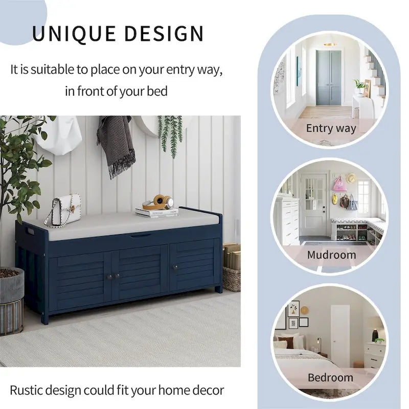 Merax 3 Shutter-shaped Doors Storage Bench with Removable Cushion