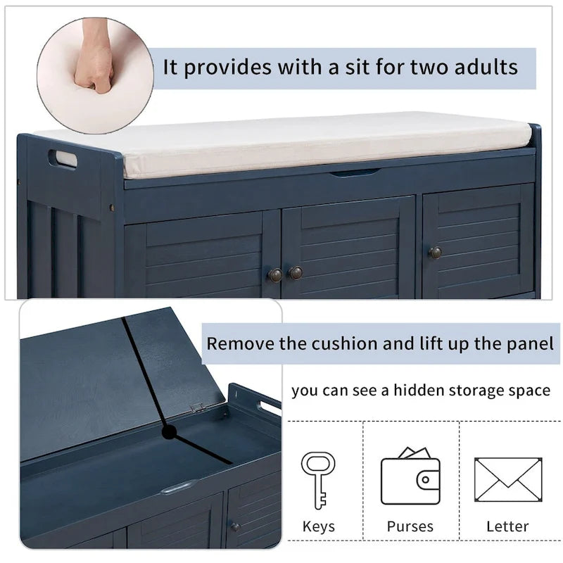Merax 3 Shutter-shaped Doors Storage Bench with Removable Cushion