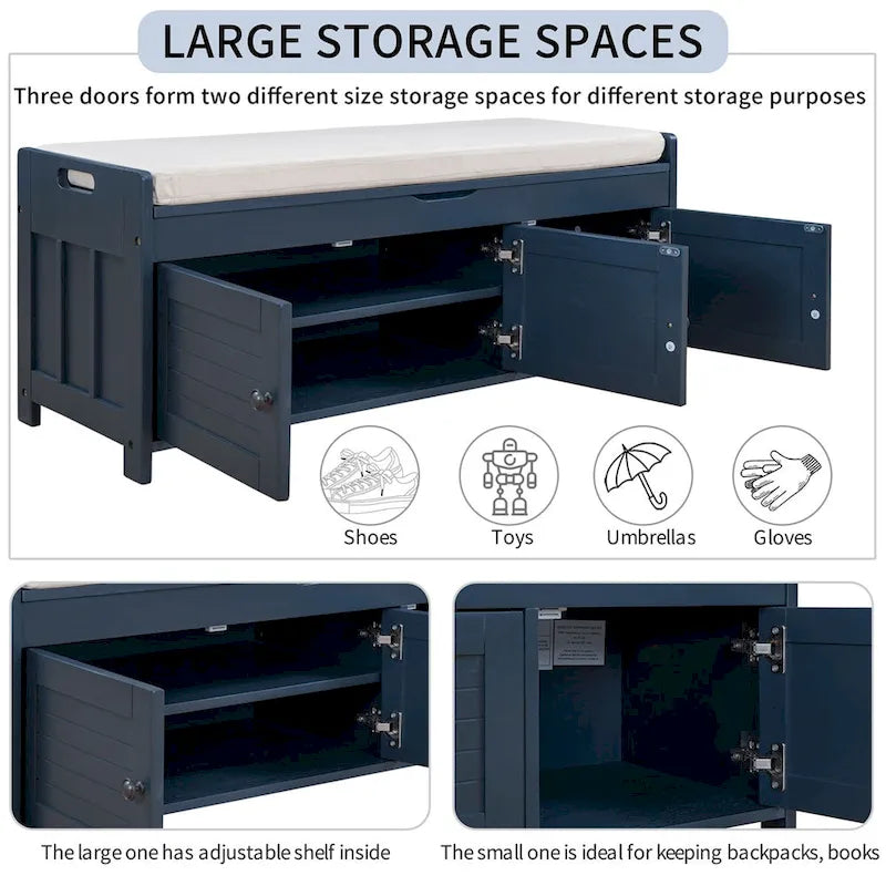 Merax 3 Shutter-shaped Doors Storage Bench with Removable Cushion