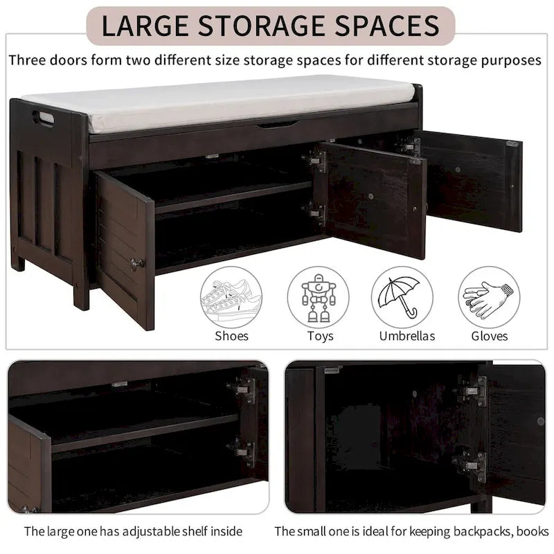 Merax 3 Shutter-shaped Doors Storage Bench with Removable Cushion